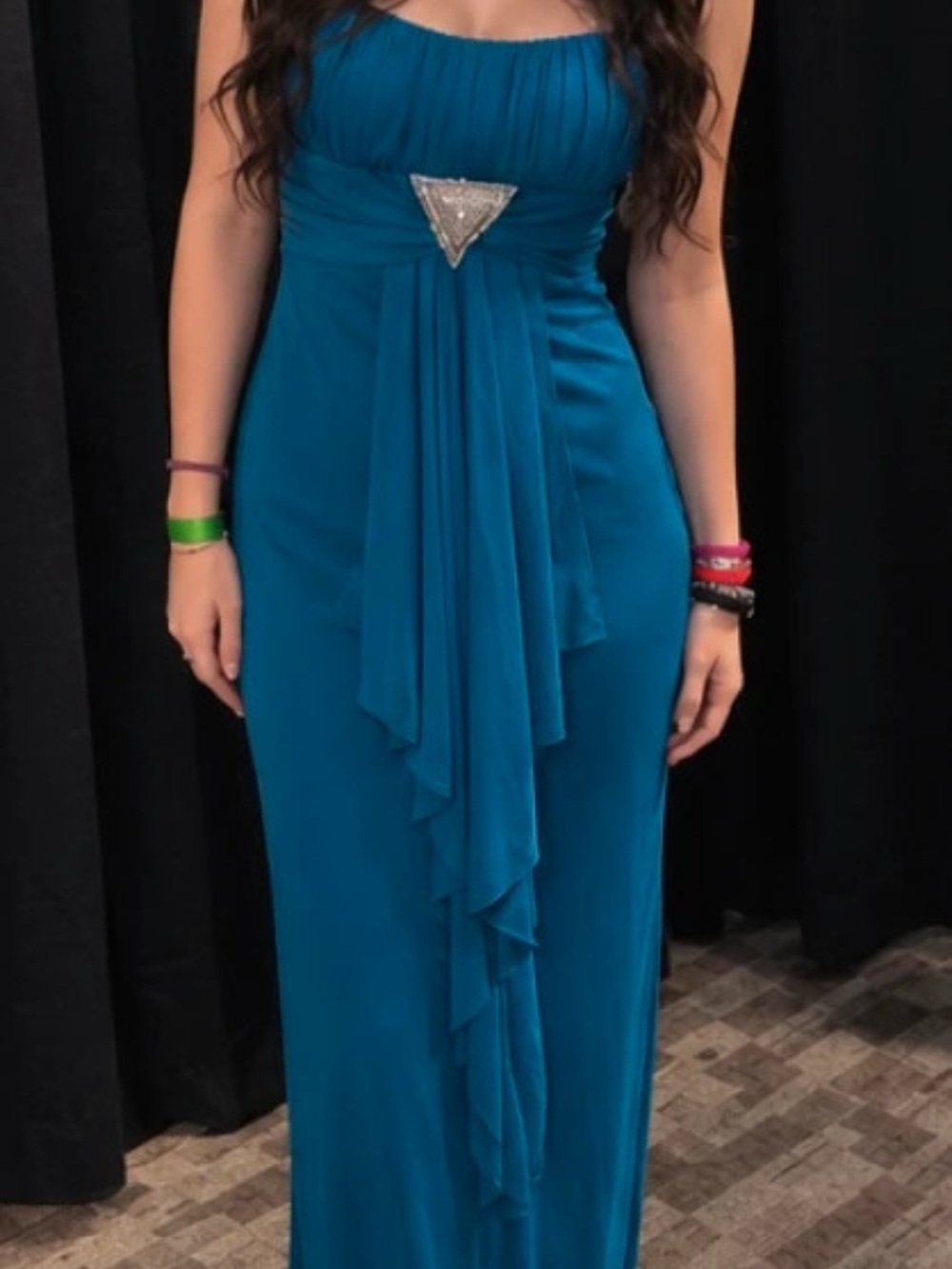 Vintage City Triangles Blue Teal Ruched Maxi Dress, Size S